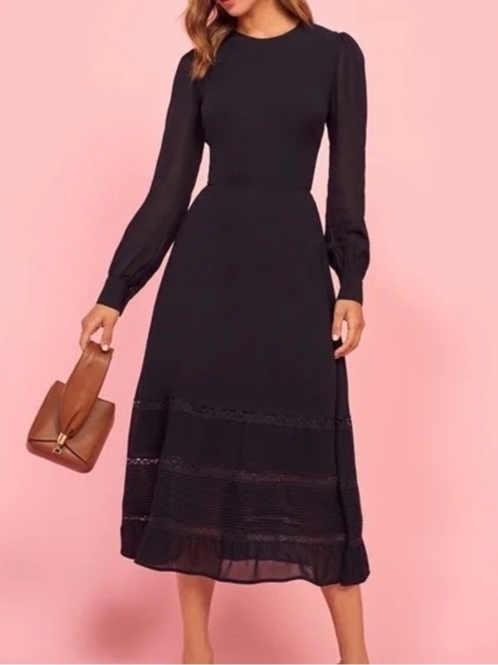 Reformation Valarie Elegant Black Long-Sleeve Midi Dress 0